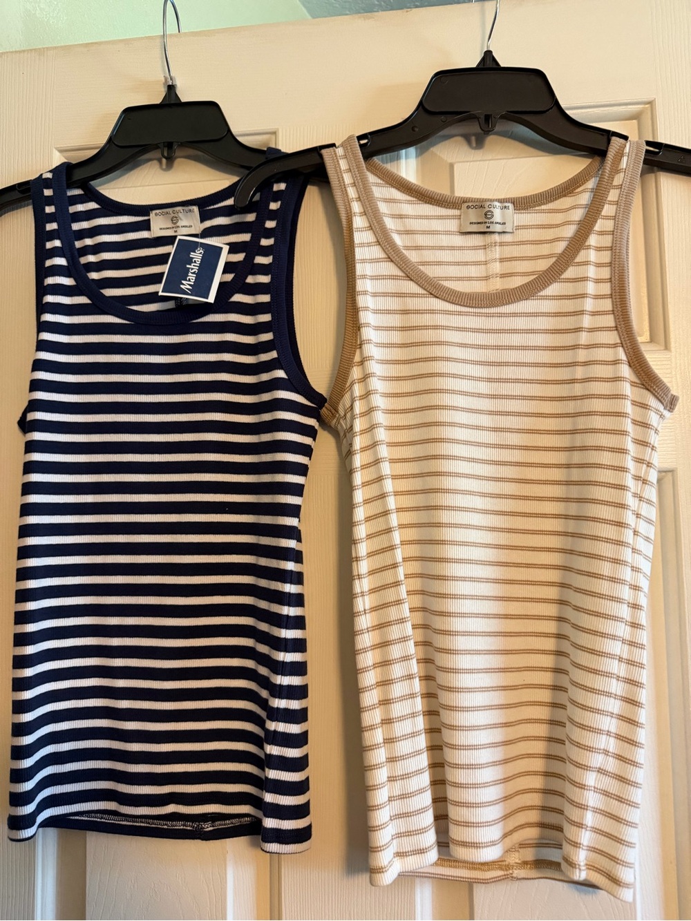 Striped Ribbed Tank Tops Set - Navy & Tan